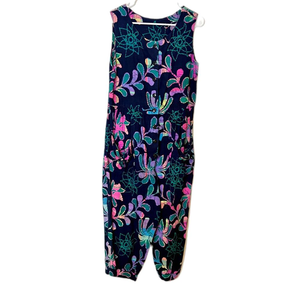 Vintage 90s Batik Floral Jumpsuit Blue Pink Purple Boho Festival Beach Size M